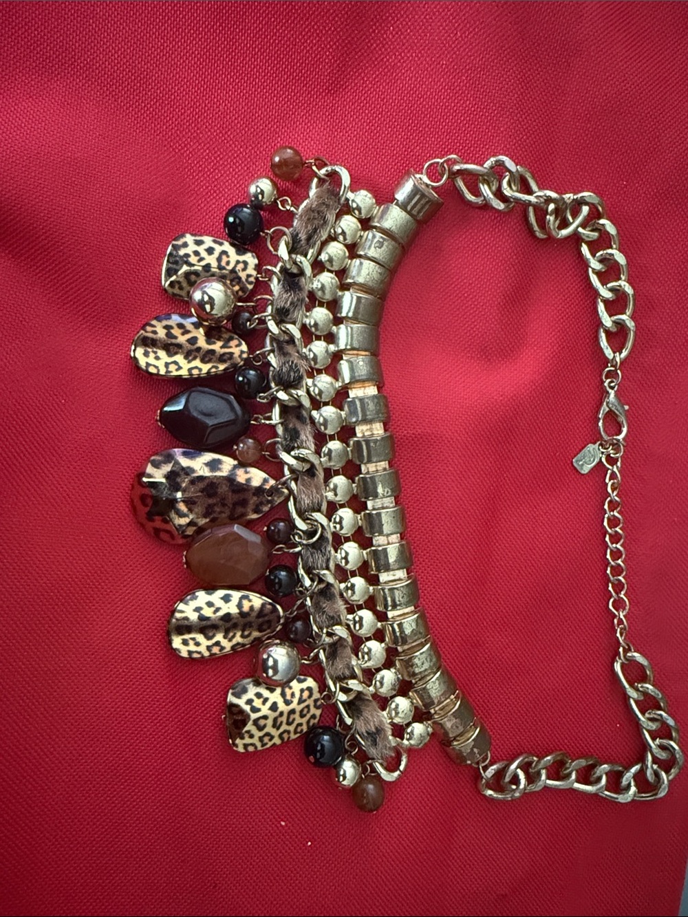Gold-Tone Leopard Charm Statement Necklace - Brown/Gold